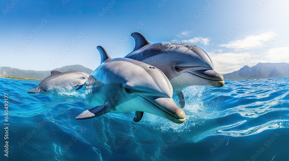 Fototapeta premium Portrait dolphin appearing in the sea with light exposure