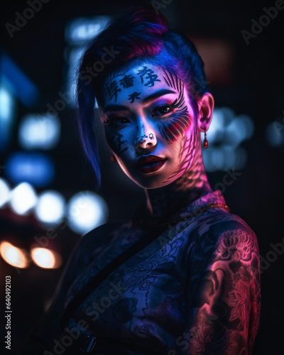 Nightlife portrait of a asian yakuza woman with tattoos on her body during nighttime at neonlight photo