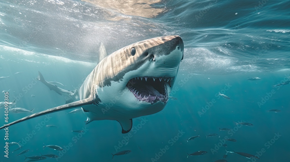 Fototapeta premium Portrait scary white shark appearing in the sea AI Generative