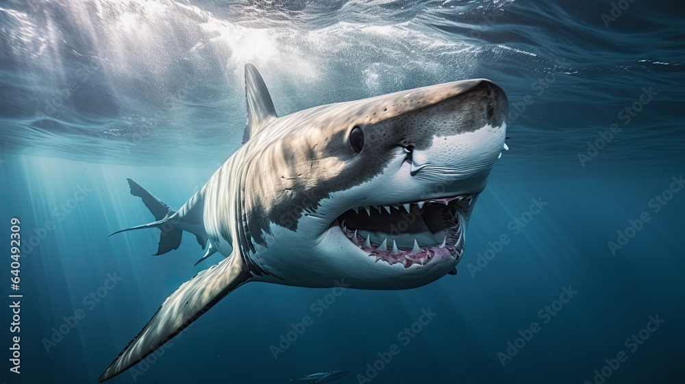 Fototapeta premium Portrait scary white shark appearing in the sea AI Generative