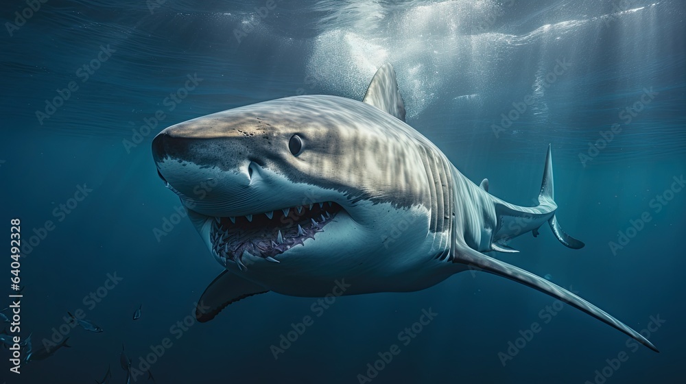 Naklejka premium Portrait scary white shark appearing in the sea AI Generative