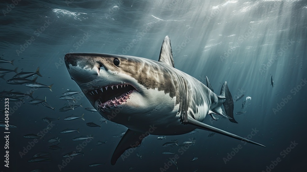 Fototapeta premium Portrait scary white shark appearing in the sea AI Generative
