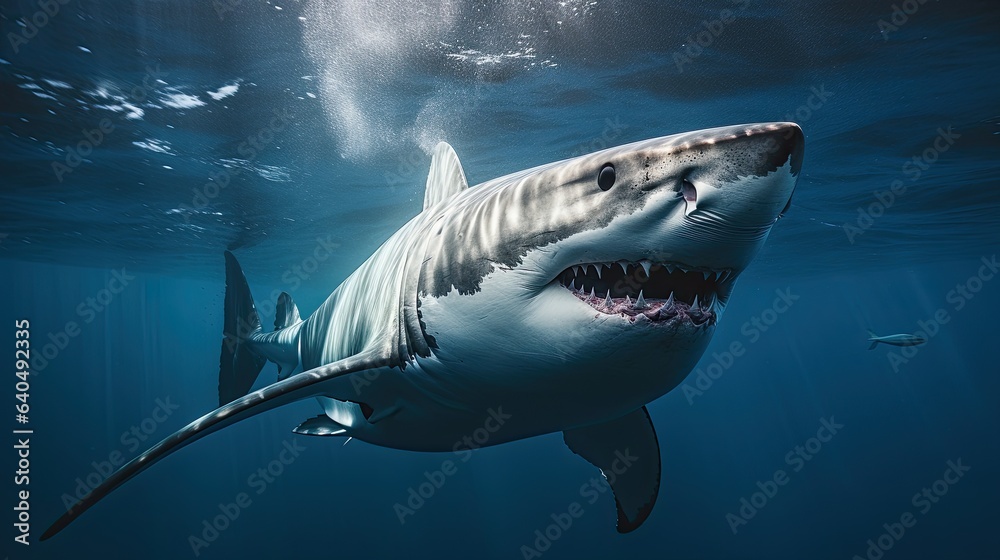 Fototapeta premium Portrait scary white shark appearing in the sea AI Generative