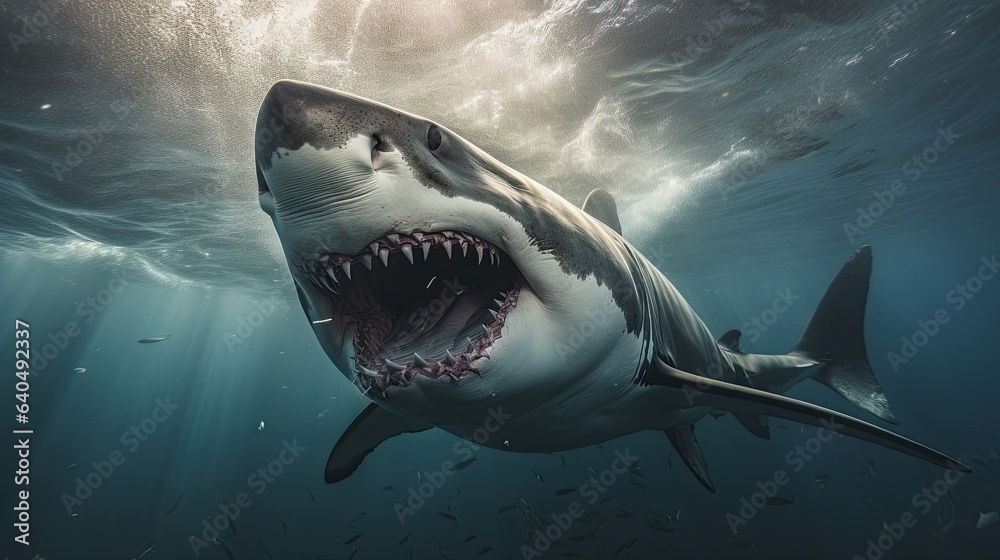 Naklejka premium Portrait scary white shark appearing in the sea AI Generative