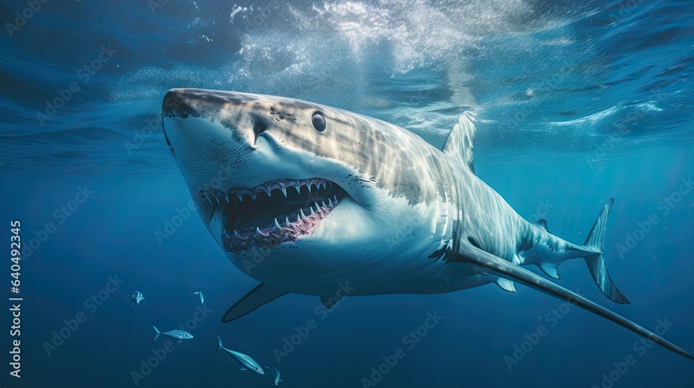 Naklejka premium Portrait scary white shark appearing in the sea AI Generative