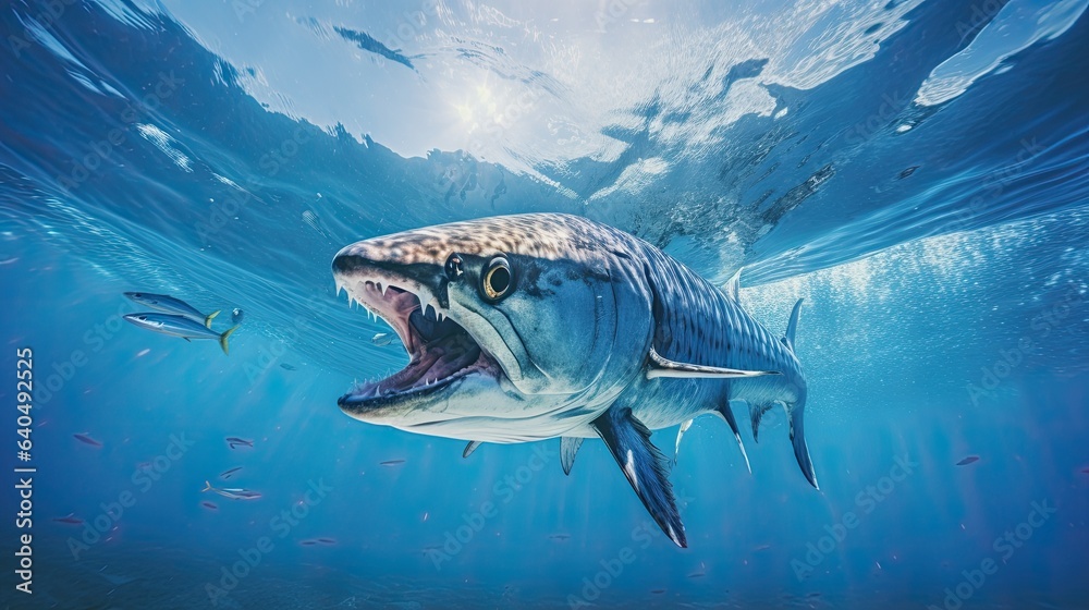 Fototapeta premium Portrait barracuda fish appearing in the sea AI Generative