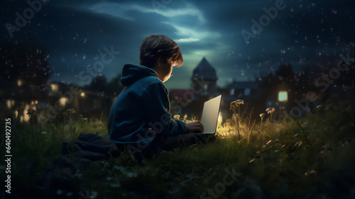 A boy operates a laptop with his back to the camera at night, thousands of colorful glowing letters and symbols come out from his laptop and flying around him, futuristic light, hyper realistic. © Maizal