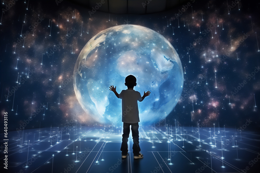 a child standing in front vertical glowing world map hologram and touch it with finger, full body boy, super wide lens, futuristic light, hyper realistic, beautiful dreammy light, beautiful curve a child standing in front vertical glowing world map hologram and touch it with finger, full body boy, super wide lens, futuristic light, hyper realistic, beautiful dreammy light, beautiful curve