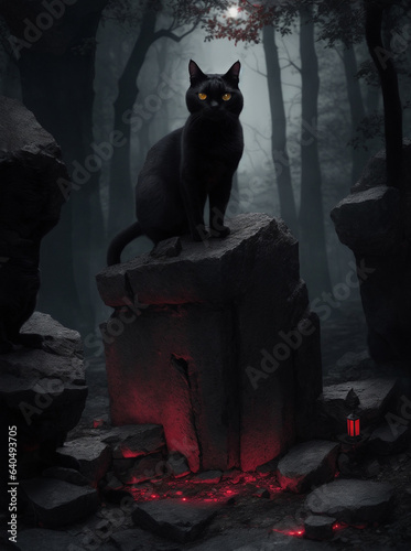 cat in the night over the stone in the middle of the dark forest