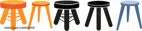 set of flat stool with three legs. Colorful three legged stool isolated on white background. Stool icon or design elements collection.