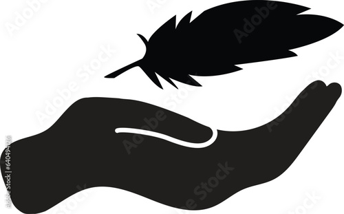 Feather in hand icon. Lightweight sign. Sensitive icon with soft feather symbol. flat style.