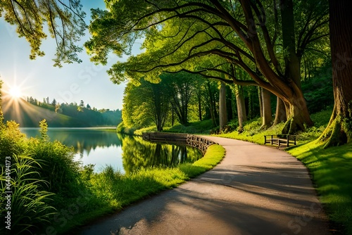 Beautiful colorful summer spring natural landscape with a lake in Park surrounded by green foliage of trees in sunlight and stone path in foreground