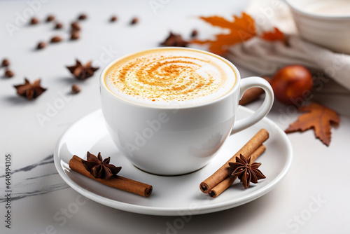 Autumnal Delight, A Warm Coffee Latte with Spices and Pumpkins in a White Glass Cup