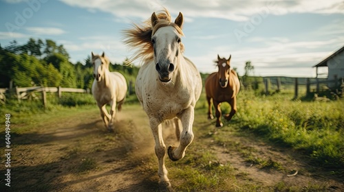 Portrait running horse on the farm with light exposure AI generative