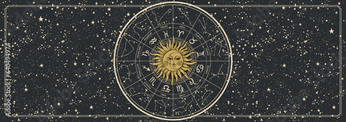 Wheel with zodiac signs, constellations and astrological symbols. Mystical vintage black banner with copy space for text, vector background of astrology, tarot, horoscope.