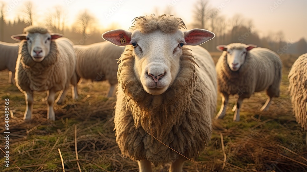 Obraz premium Portrait woolly sheep on the farm AI generative
