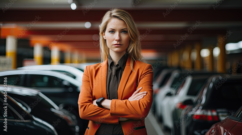 A young business woman in a suit in a car parking garage.