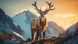 creative illustration of a reindeer with mountains in the background.
