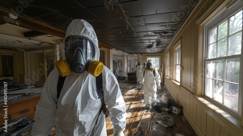 a specialist in a protective suit from a cleaning company cleans a destroyed housing after natural disaster  photo