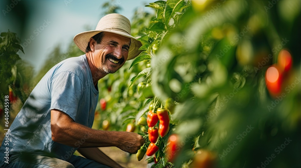 Portrait farmer picking chili AI Generative - obrazy, fototapety, plakaty 