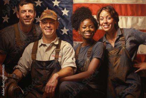 illustration of a group of workers, american flag behind in the american classic style