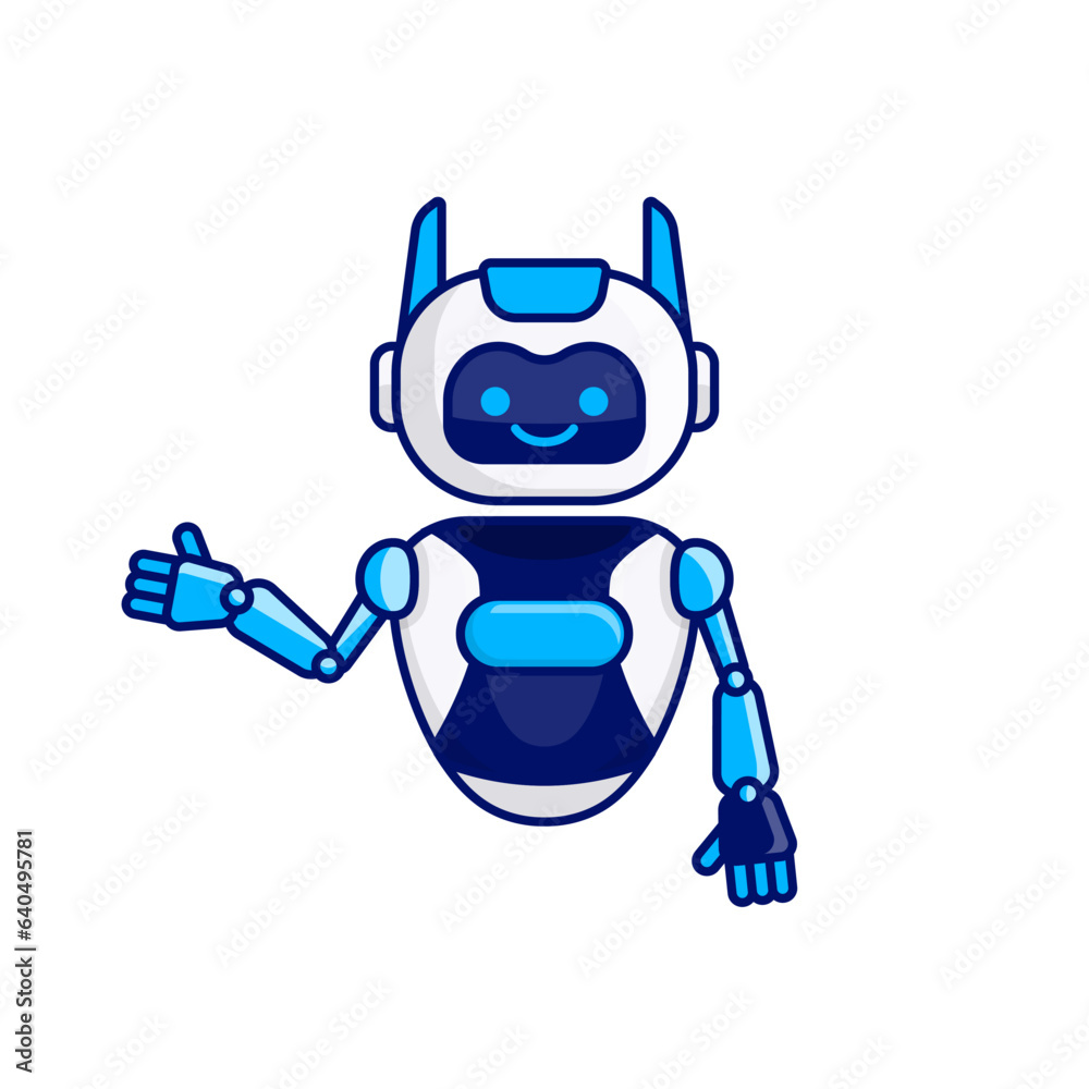 Robot presenting or welcoming gesture vector illustration. Cute robot cartoon illustration design Robot presenting or welcoming gesture vector illustration. Cute robot cartoon illustration design