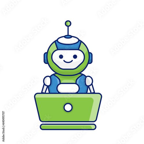 Robot character work with laptop vector illustration. Cute Cartoon Robot Illustration
