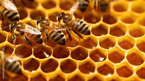 Close up view of the working bees on honeycells. Beekeeping concept.