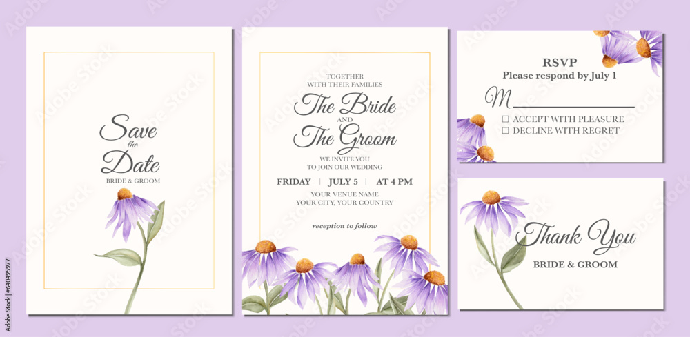 Manual painted of purple coneflower watercolor as wedding invitation 
