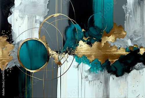 Splashes of bright paint on the canvas.Gold, black, blue and gray colors. Interior painting. Beautiful background. Generative AI. photo