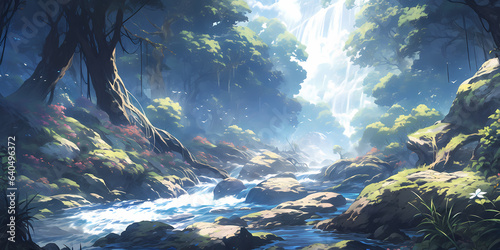 TRPGやゲームの背景として使える川が流れる森の中