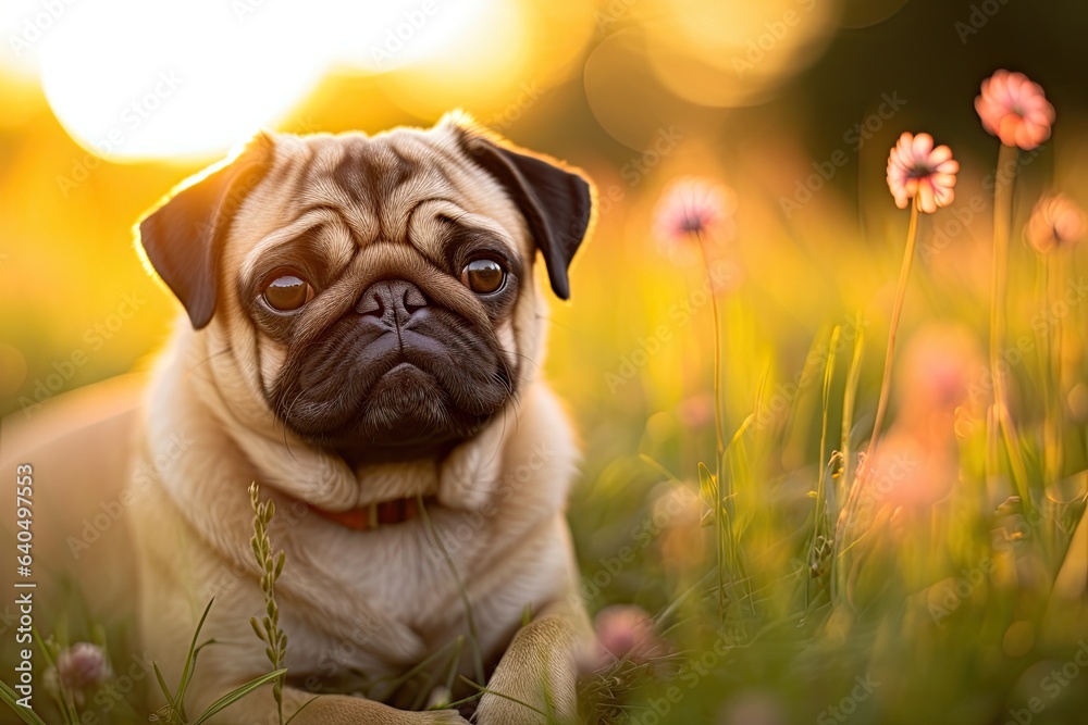 Portrait cute pug on the meadow with light exposure AI Generative