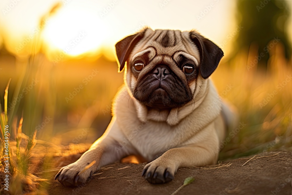 Obraz premium Portrait cute pug on the meadow with light exposure AI Generative