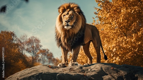 Portrait lion roaring standing on the rock AI Generative