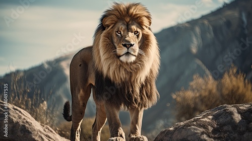 Portrait lion roaring  standing on the rock AI Generative