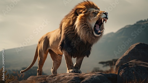 Portrait lion roaring standing on the rock AI Generative