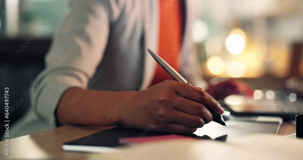 Graphic designer, hand and woman drawing with tablet, tech and computer for logo, web or digital marketing design online. Interactive, stylus and technology for writing and app for artist or media