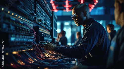 A technician is maintaining a complex network of servers in a busy data center photo