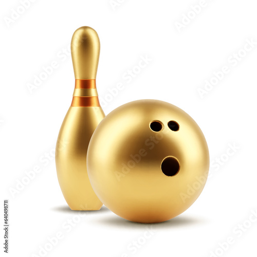 Gold bowling pin and ball isolated on white background. EPS10 vector