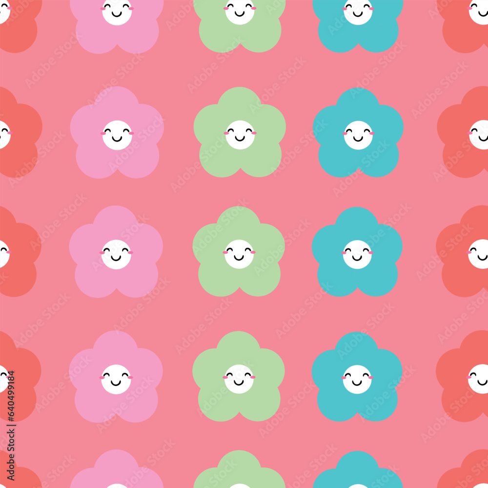 Smiling cute floral pattern, seamless cartoon background, vector illustration, wallpaper, textile, bag, garment, fashion design Smiling cute floral pattern, seamless cartoon background, vector illustration, wallpaper, textile, bag, garment, fashion design