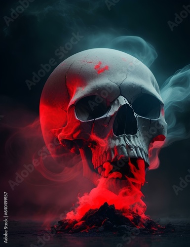 skull of a scary creature laying on the floor with red smoke, created by ai generated