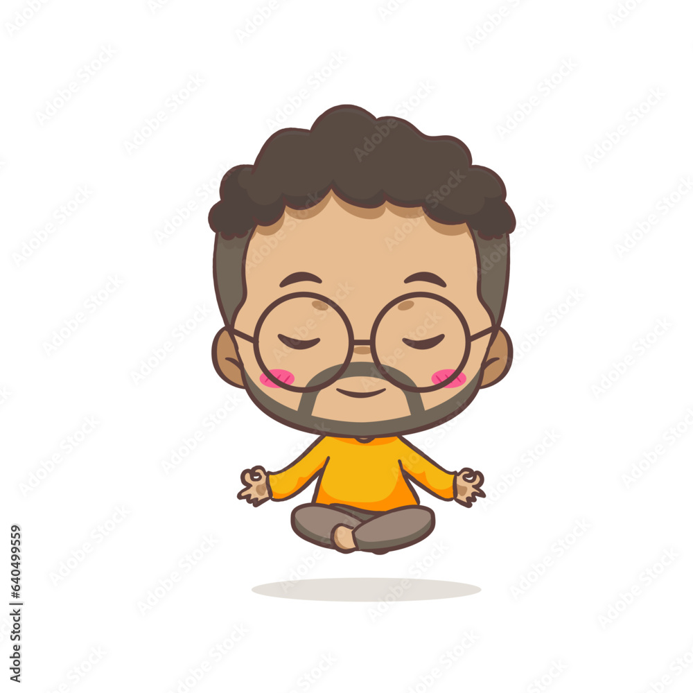 Cute father doing yoga cartoon character. African man wearing glasses concept design. Flat chibi cartoon style. Vector art illustration. Isolated white background