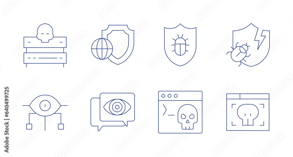 Cyber security icons. Editable stroke. Containing server, shield, spyware, terminal, threat.