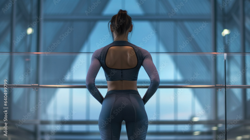 Back view of a woman wearing tight and sexy sportswear - obrazy, fototapety, plakaty 