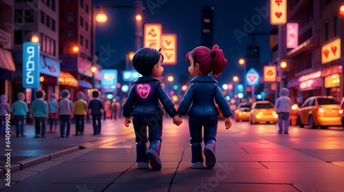 A woman and a man walk hand in hand in a beautifully lit city at night. photo