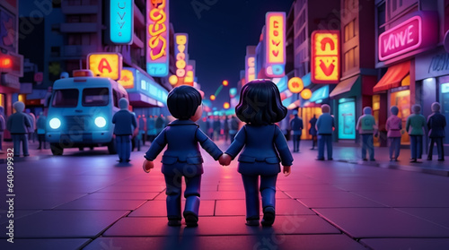 A woman and a man walk hand in hand in a beautifully lit city at night.