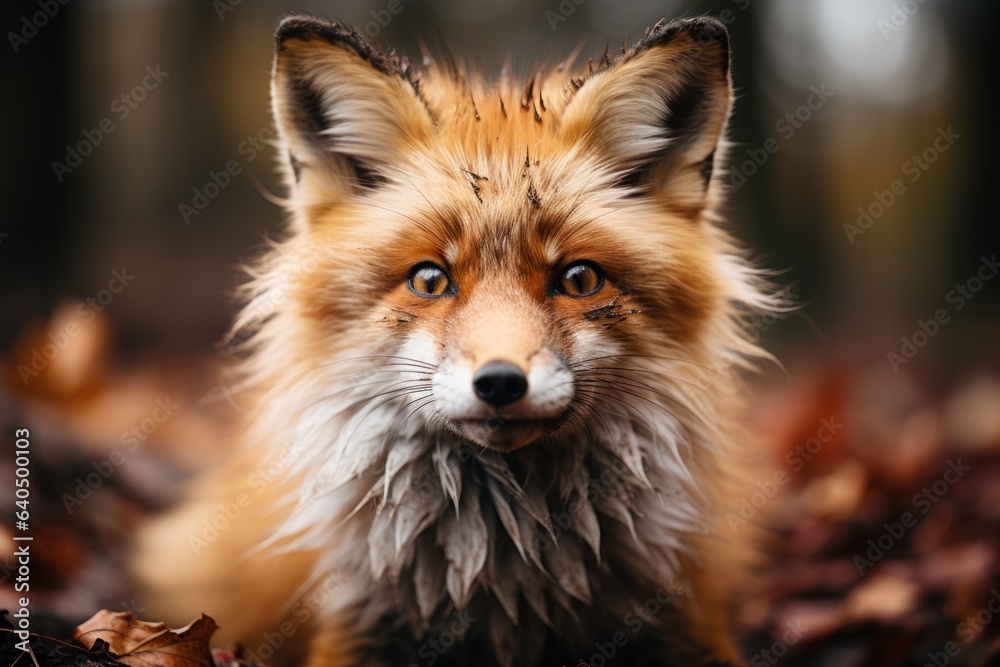 Fototapeta premium A close-up shot of a cute red fox striking face, its focused eyes, documentary photo. Generative AI.