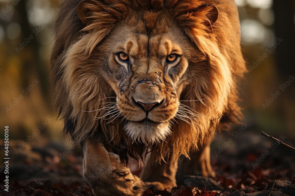 A close-up shot of a Lion striking face, its focused eyes, documentary photo. Generative AI.