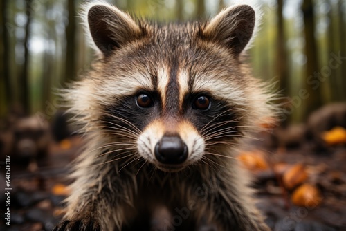 A close-up shot of a cute Raccoon striking face, its focused eyes, documentary photo. Generative AI.