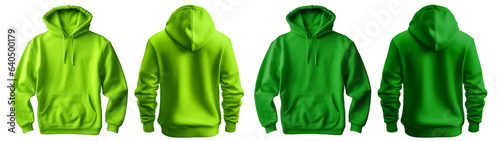 2 Set of light dark green front and back view tee hoodie hoody sweatshirt on transparent background cutout, PNG file. Mockup template for artwork graphic design 